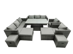 Rackhams Rattan Dining Table Sofa Set with 2 Armchair 4 Stools Outdoor 12 Seat Garden Furniture Set Dark Grey Mixed - thumbnail 1