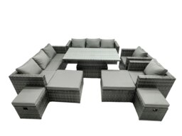 Rackhams Rattan Dining Table Sofa Set with 2 Armchair 4 Stools Outdoor 12 Seat Garden Furniture Set Dark Grey Mixed - thumbnail 2
