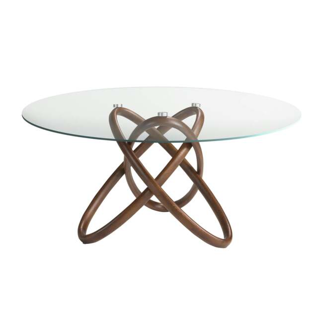 Rackhams Round tempered glass and walnut dining table 1020 - Ø130 x 75