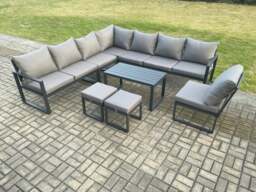 Rackhams Aluminium 10 Seater Patio Outdoor Garden Furniture Lounge Corner Sofa Set with Oblong Coffee Table 2 Small Footstools Dark Grey - thumbnail 1