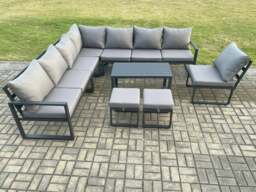 Rackhams Aluminium 10 Seater Patio Outdoor Garden Furniture Lounge Corner Sofa Set with Oblong Coffee Table 2 Small Footstools Dark Grey - thumbnail 2