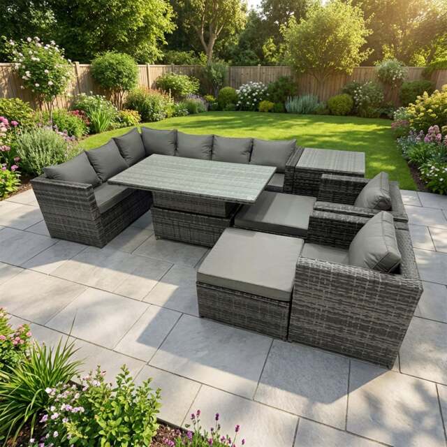 Rackhams 10 Seater Rattan Garden Furniture Set with Height Adjustable Rising Table, Corner Sofa, 2 Stools, Side Table - Dark Grey Mixed - image 1