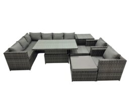 Rackhams 10 Seater Rattan Garden Furniture Set with Height Adjustable Rising Table, Corner Sofa, 2 Stools, Side Table - Dark Grey Mixed - thumbnail 2