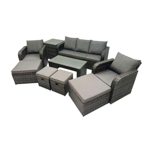 Rackhams Rattan Garden Outdoor Furniture Set 3 Seater Sofa Reclining Chair Coffee Table with Side Table 4 Footstools Dark Grey Mixed - image 1