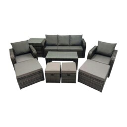 Rackhams Rattan Garden Outdoor Furniture Set 3 Seater Sofa Reclining Chair Coffee Table with Side Table 4 Footstools Dark Grey Mixed - thumbnail 2