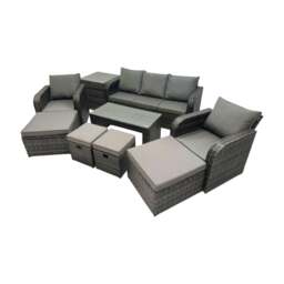 Rackhams Rattan Garden Outdoor Furniture Set 3 Seater Sofa Reclining Chair Coffee Table with Side Table 4 Footstools Dark Grey Mixed - thumbnail 1