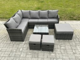 Rackhams 9 Seater Outdoor Garden Furniture Set Wicker PE Rattan Corner Sofa Sets with Square Coffee Table 3 Footstools Dark Grey Mixed - thumbnail 2
