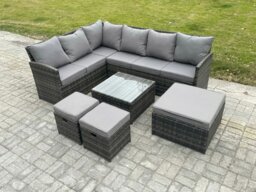 Rackhams 9 Seater Outdoor Garden Furniture Set Wicker PE Rattan Corner Sofa Sets with Square Coffee Table 3 Footstools Dark Grey Mixed - thumbnail 1