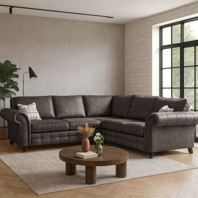 Rackhams Oakland 5 Seater Leather Corner Sofa Chesterfield Style - Charcoal - image 1