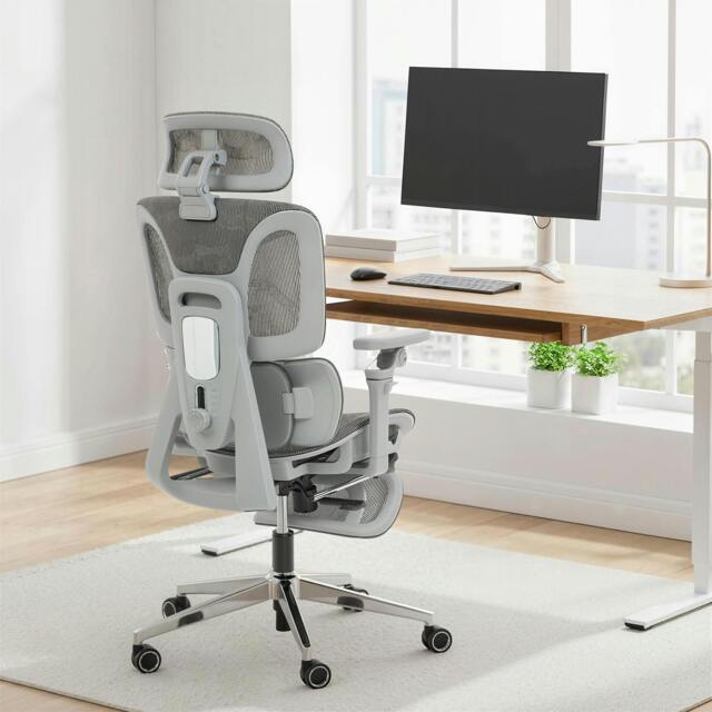 Rackhams Ergonomic Office Chair, Mesh Desk Chair with Lumbar Support, Footrest - Yes - 67W x 71D x 133H cm - Grey - image 1