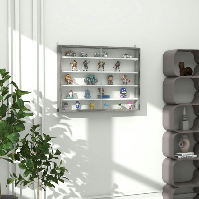 Rackhams 5/7Tier Wall Display Shelf Unit Cabinet w/ Shelves Glass Doors - Grey wood grain - 80cm x 9.5cm x 60cm - image 1