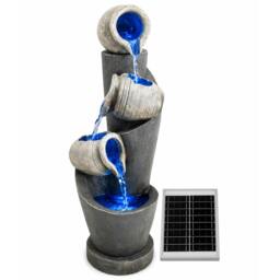 Rackhams Solar Water Feature – 3 Tier Cascading Jar Fountain with LED Lights & Battery Backup