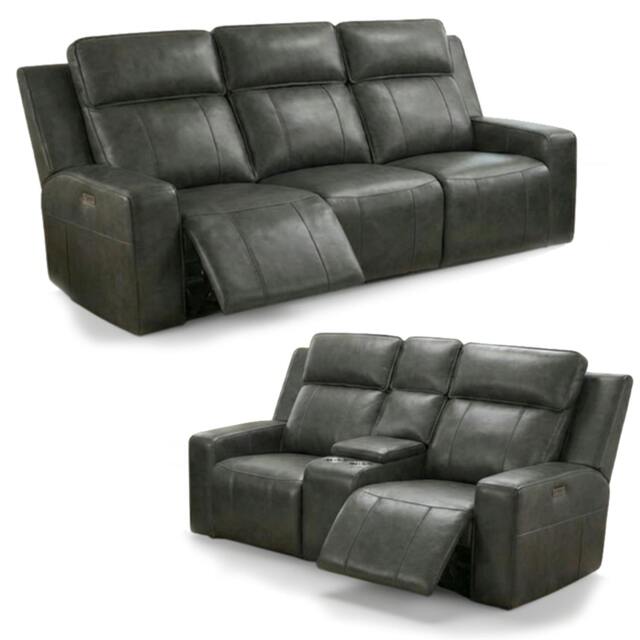 Rackhams Barcino Leather Look Electric Reclining Sofa Suite 3 + 2 USB Charging - Grey - image 1