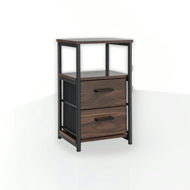 Rackhams Industrial Metal Frame Nightstand with Wooden Top and 2 Folding Drawers - image 1