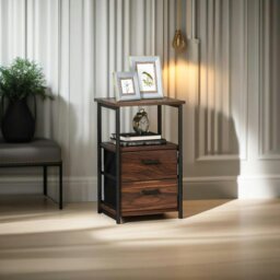 Rackhams Industrial Metal Frame Nightstand with Wooden Top and 2 Folding Drawers - thumbnail 3