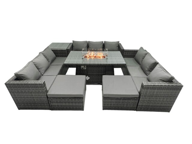 Rackhams Rattan Garden Furniture Fire Pit Set Outdoor 10 Seater Patio Dining Sets with Glass Top Dining Table Side Tables - image 1
