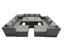 Rackhams Rattan Garden Furniture Fire Pit Set Outdoor 10 Seater Patio Dining Sets with Glass Top Dining Table Side Tables - thumbnail 1