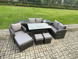 Rackhams Lounge Rattan Sofa Set Outdoor Garden Furniture Oblong Rectangular Dining Table With Chairs 3 Footstools 2 Side Tables 8 Seater Dark Grey Mixed - thumbnail 2