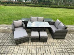 Rackhams Lounge Rattan Sofa Set Outdoor Garden Furniture Oblong Rectangular Dining Table With Chairs 3 Footstools 2 Side Tables 8 Seater Dark Grey Mixed - thumbnail 1
