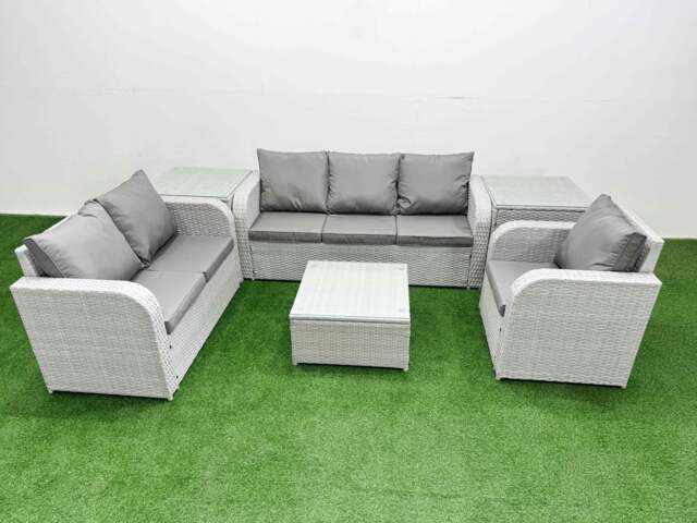 Rackhams 6 Seater Outdoor Rattan Furniture Sofa Set with Square Coffee Table Reclining Chair Loveseat Sofa 3 Seater Sofa 2 Side Table Light Grey - image 1