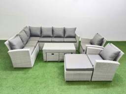 Rackhams Rattan Garden Furniture Set Outdoor 11 Seater Corner Sofa Sets with Oblong Coffee Table Chair 3 Footstools Light Grey Mixed - thumbnail 2