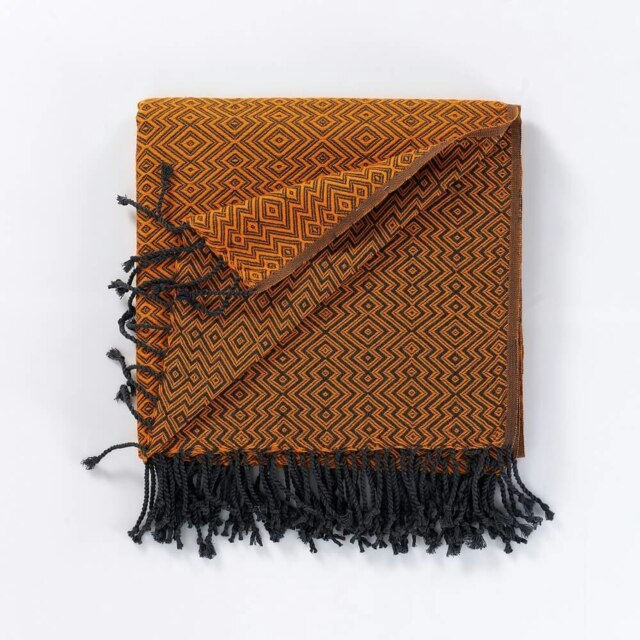 Rackhams Rumeli Cotton Throw Blanket, HAND-LOOMED - Marigold Orange on Grey - image 1