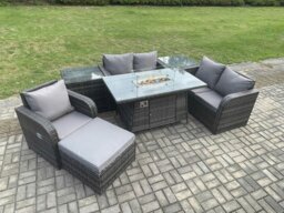 Rackhams Rattan Garden Furniture Set with Gas Fire Pit Dining Table,2 Side Tables and Big Footstool Indoor Outdoor 7 piece Loveseat Sofa set - thumbnail 2