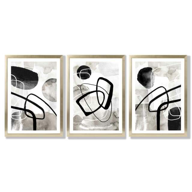 Rackhams Set of 3 Abstract Black Grey Watercolour Framed Wall Art - 50x70cm - Gold - image 1