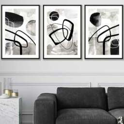 Rackhams Set of 3 Abstract Black Grey Watercolour Framed Wall Art - 50x70cm - Gold - thumbnail 2