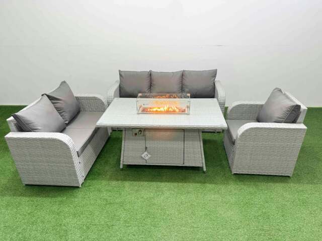 Rackhams Patio PE Wicker 6 Seater Outdoor Rattan Furniture Sofa Sets with Fire Pit Dining Table Reclining Chair Loveseat Sofa 3 Seater Sofa Light Grey - image 1