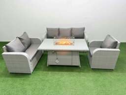 Rackhams Patio PE Wicker 6 Seater Outdoor Rattan Furniture Sofa Sets with Fire Pit Dining Table Reclining Chair Loveseat Sofa 3 Seater Sofa Light Grey - thumbnail 1