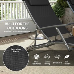 Rackhams Set of 2 Garden Sun Loungers, Folding Chaise Lounge Chairs, Black - thumbnail 5