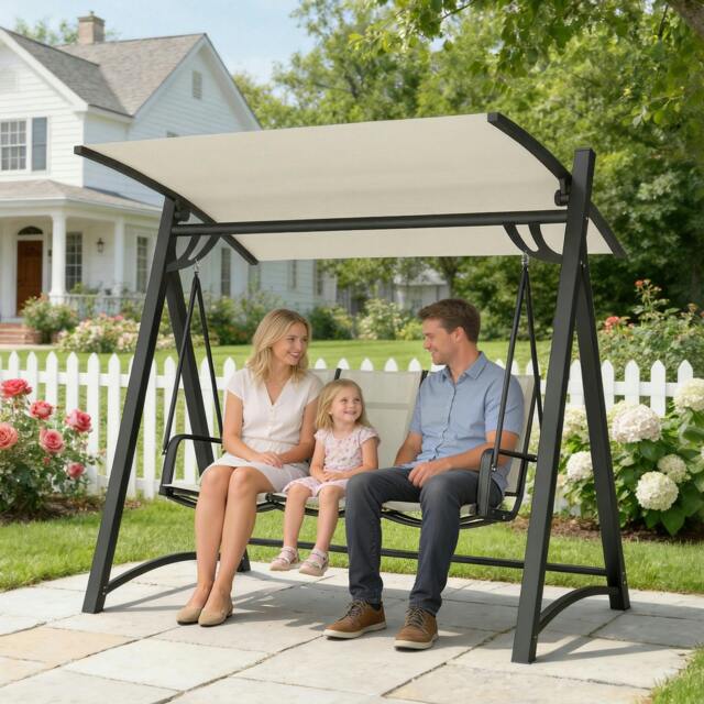 Rackhams 3 Seater Swing Chair, Garden Swing Bench with Adjustable Canopy - Cream White - image 1