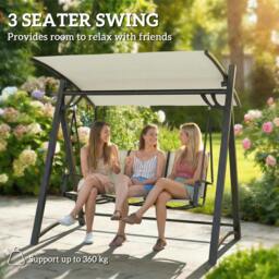 Rackhams 3 Seater Swing Chair, Garden Swing Bench with Adjustable Canopy - Cream White - Garden Swing Chair - 188W x 130D x 183H cm - thumbnail 4