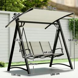 Rackhams 3 Seater Swing Chair, Garden Swing Bench with Adjustable Canopy - Cream White - Garden Swing Chair - 188W x 130D x 183H cm - thumbnail 3