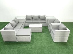 Rackhams Outdoor Rattan Sofa Garden Furniture Set with 2 Armchairs Oblong Coffee Table Big Footstool 2 Side Tables Light Grey Mixed - thumbnail 2