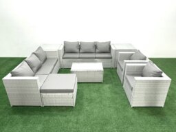 Rackhams Outdoor Rattan Sofa Garden Furniture Set with 2 Armchairs Oblong Coffee Table Big Footstool 2 Side Tables Light Grey Mixed - thumbnail 1