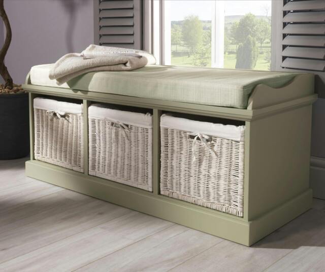 Rackhams Tetbury Bench with 3 White Wicker Baskets and Cushion, Assembled Hallway Storage - Sage Green, Green - image 1