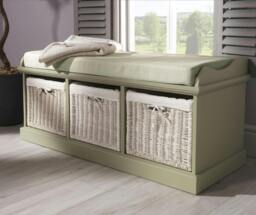 Rackhams Tetbury Bench with 3 White Wicker Baskets and Cushion, Assembled Hallway Storage - Sage Green, Green - thumbnail 1