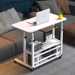 Rackhams 3-tier Height Adjustable Mobile Table Overbed Desk with Shelves Wheels - White - thumbnail 4