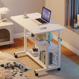 Rackhams 3-tier Height Adjustable Mobile Table Overbed Desk with Shelves Wheels - White - thumbnail 6