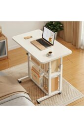Rackhams 3-tier Height Adjustable Mobile Table Overbed Desk with Shelves Wheels - White - thumbnail 1