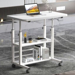 Rackhams 3-tier Height Adjustable Mobile Table Overbed Desk with Shelves Wheels - White - thumbnail 2