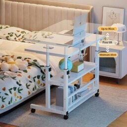 Rackhams 3-tier Height Adjustable Mobile Table Overbed Desk with Shelves Wheels - White - thumbnail 5