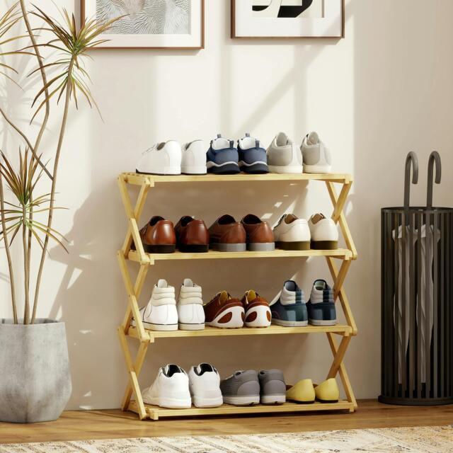 Rackhams 3-Tier Bamboo Shoe Rack, Folding Shoe Shelf, Holds up to 9 Pairs - 60W x 29D x 67H cm - Natural wood finish - image 1