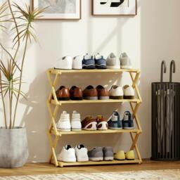 Rackhams 3-Tier Bamboo Shoe Rack, Folding Shoe Shelf, Holds up to 9 Pairs - 60W x 29D x 67H cm - Natural wood finish - thumbnail 1