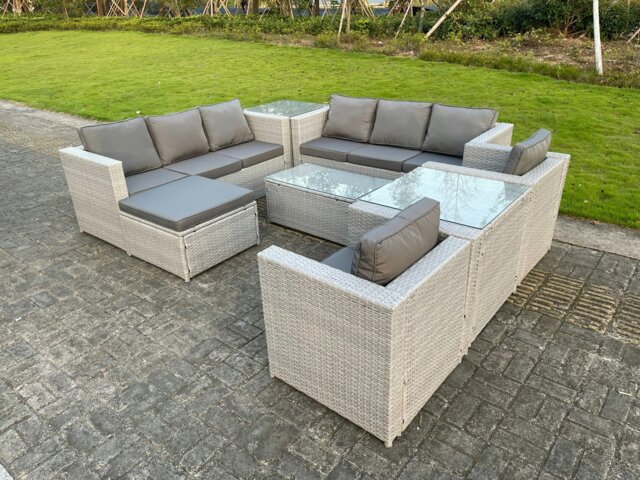 Rackhams Light Grey Outdoor PE Rattan Garden Furniture Set Wicker Sofa Set Rectanguar Coffee Table 2 Armchair 2 Side Table 9 Seat - image 1