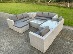 Rackhams Light Grey Outdoor PE Rattan Garden Furniture Set Wicker Sofa Set Rectanguar Coffee Table 2 Armchair 2 Side Table 9 Seat - thumbnail 2