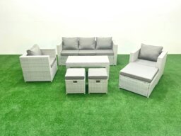 Rackhams Rattan Garden Furniture Set 8 Seater Outdoor Garden Sofa Oblong Coffee Table Set with 2 Chairs 3 Stools Light Grey Mixed - thumbnail 1