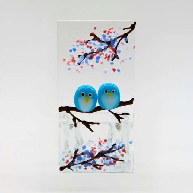 Rackhams Fused Glass Tea Light Holder – Love Birds & Summer Blossom (Handmade)